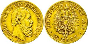 Württemberg 10 Mark, 1876, Karl, edge nick, ... 