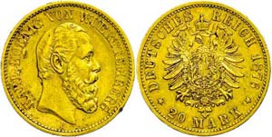 Württemberg 20 Mark, 1876, Karl, edge nick, ... 