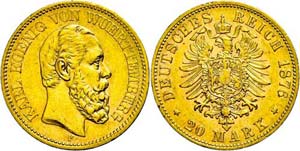 Württemberg 20 Mark, 1876, Karl, s very ... 