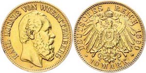 Württemberg 10 Mark, 1890, Karl, ss-, ... 
