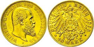 Württemberg 10 Mark, 1893, Wilhelm II., wz. ... 