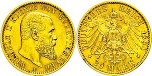 Württemberg 20 Mark, 1894, Wilhelm II., wz. ... 