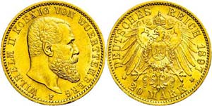 Württemberg 20 Mark, 1897, Wilhelm II., kl. ... 