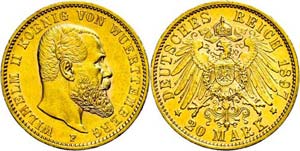 Württemberg 20 Mark, 1897, Wilhelm II., vz, ... 