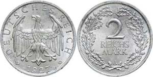 Coins Weimar Republic 2 Reichmark, 1927 A, ... 