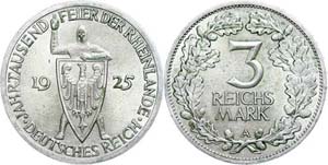 Coins Weimar Republic 3 Reichmark, 1925 A, ... 