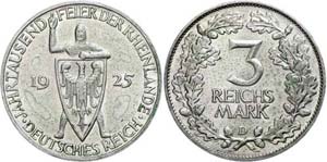 Coins Weimar Republic 3 Reichmark, 1925 D, ... 