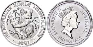 Australia 100 dollars, Platinum, 1991, koala ... 