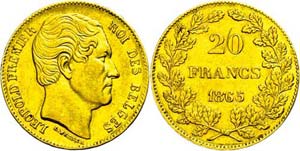 Belgien 20 Francs, Gold, 1865, Leopold I., ... 