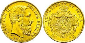 Belgium 20 Franc, Gold, 1875, Leopold II., ... 