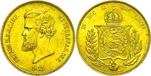 Brazil 20 000 rice, Gold, 1853, Pedro II., ... 