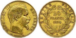 France 20 Franc, Gold, 1854, Napoleon III., ... 