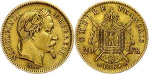 France 20 Franc, Gold, 1864, Napoleon III., ... 