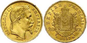 France 20 Franc, Gold, 1867, Napoleon III., ... 
