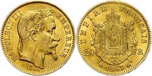France 20 Franc, Gold, 1867, Napoleon III., ... 