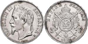 Frankreich 5 Francs, 1867, Napoleon III., BB ... 