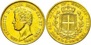 Italy Sardinia, 20 liras, 1841, Gold, Karl ... 