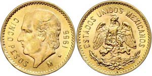 Mexiko 5 Pesos, 1955, Gold, Hidalgo, ... 
