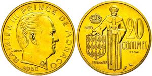 Monaco 20 Centimes, Gold, essay, 1962, ... 