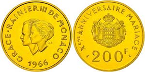 Monaco 200 Franc, Gold, 1966, 10. wedding ... 