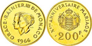 Monaco 200 Francs, Gold, 1966, Grace und ... 