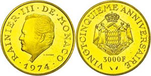 Monaco 3000 Francs, Gold, 1974, Rainer III., ... 