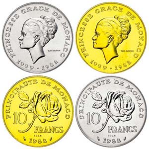 Monaco 10 Francs, je Gold und Silber, Essai, ... 