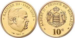 Monaco 10 Euro, Gold, 2005, Rainier III. PP  ... 