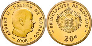 Monaco 20 Euro, Gold, 2008, Albert II., mit ... 