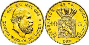 Niederlande 10 Gulden, 1875, Gold, Wilhelm ... 