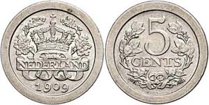 Niederlande 5 Cent, 1909, Wilhelmina, ... 