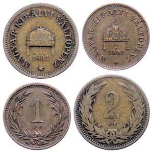 Old Austria coins until 1918 1 and 2 Filler, ... 