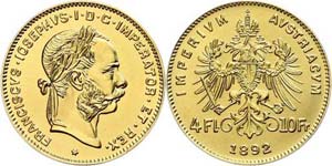 Austria 4 Guilder, 1892, Gold, Francis ... 