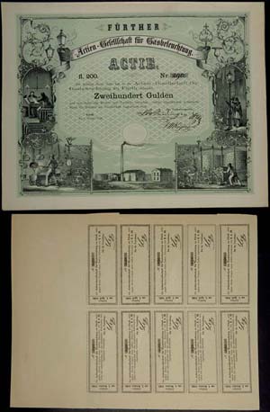 Stocks Fürth 1858, shares society for gas ... 