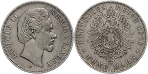 Bavaria 5 Mark, 1874, Ludwig II., margin ... 