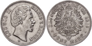 Bavaria 5 Mark, 1875, Ludwig II., small ... 