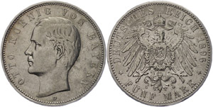 Bavaria 5 Mark, 1896, Otto, very fine. ... 