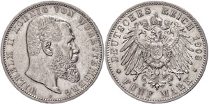 Württemberg 5 Mark, 1908, Wilhelm II., ... 