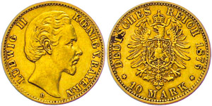 Bavaria 10 Mark, 1875, Ludwig II., very ... 