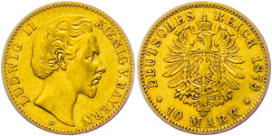 Bayern 10 Mark, 1875, Ludwig II., ss., ... 