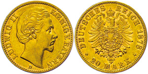 Bavaria 20 Mark, 1878, Ludwig II., margin ... 