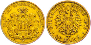 Hamburg 20 Mark, 1876, small edge nick, s ... 