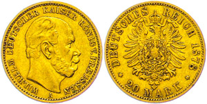Prussia 20 Mark, 1878, A, Wilhelm I., small ... 