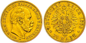 Prussia 20 Mark, 1883, Wilhelm I., margin ... 