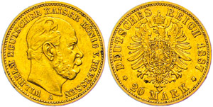 Prussia 20 Mark, 1887, Wilhelm I., small ... 