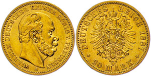 Prussia 20 Mark, 1887, Wilhelm I., tiny ... 