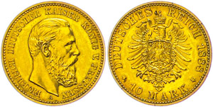 Prussia 10 Mark, 1888, Friedrich, scratch on ... 
