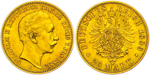 Preussen 20 Mark, 1889, Wilhelm II., Kratzer ... 