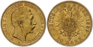 Prussia 20 Mark, 1889, Wilhelm II., margin ... 