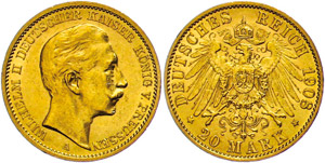 Preussen 20 Mark, 1908, Wilhelm II., kleine ... 